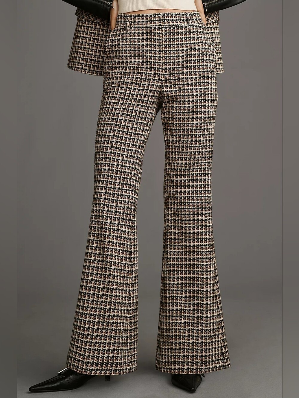 Anthropologie Brown Houndstooth Knit Tweed Flare Pull On Pants